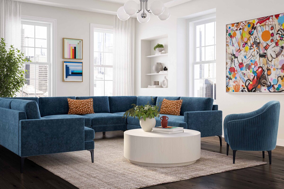 Serena Blue Velvet U-Sectional with Black Legs