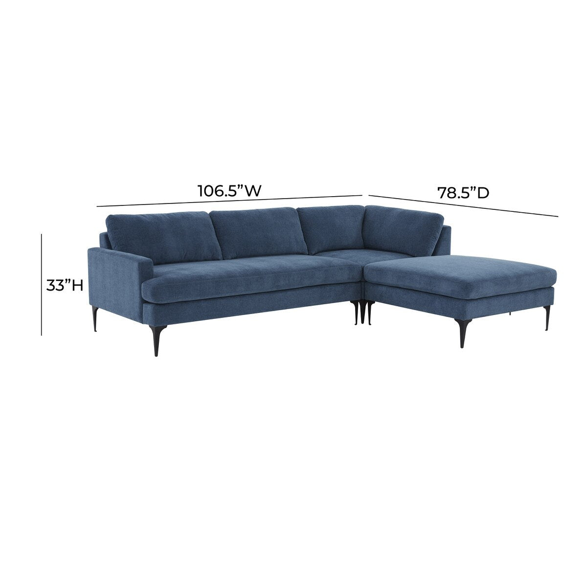 Serena Blue Velvet RAF Chaise Sectional with Black Legs