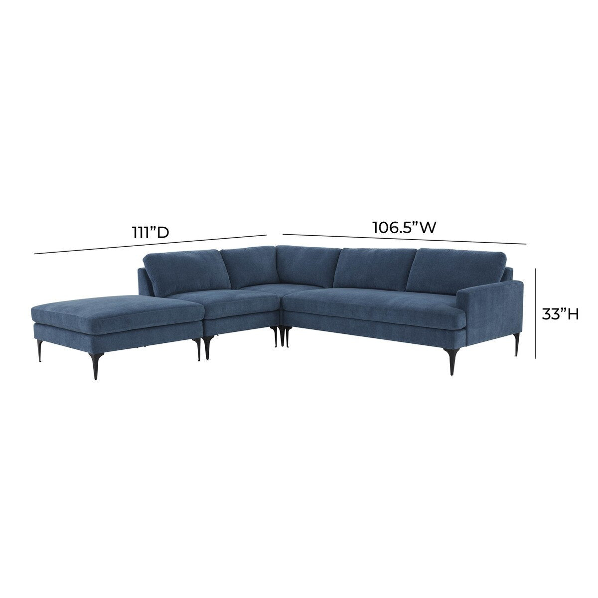 Serena Blue Velvet Large LAF Chaise Sectional with Black Legs