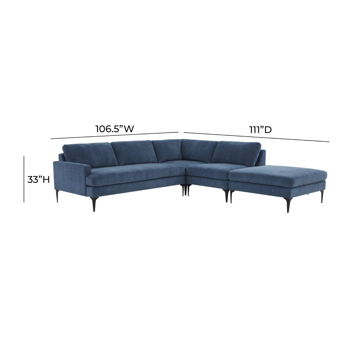 Serena Blue Velvet Large RAF Chaise Sectional with Black Legs