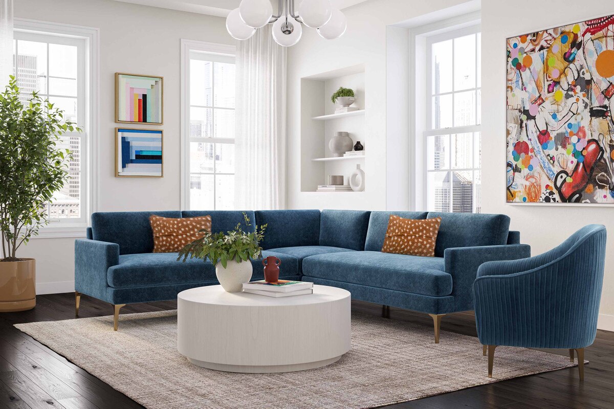 Serena Blue Velvet L-Sectional with Brass Legs