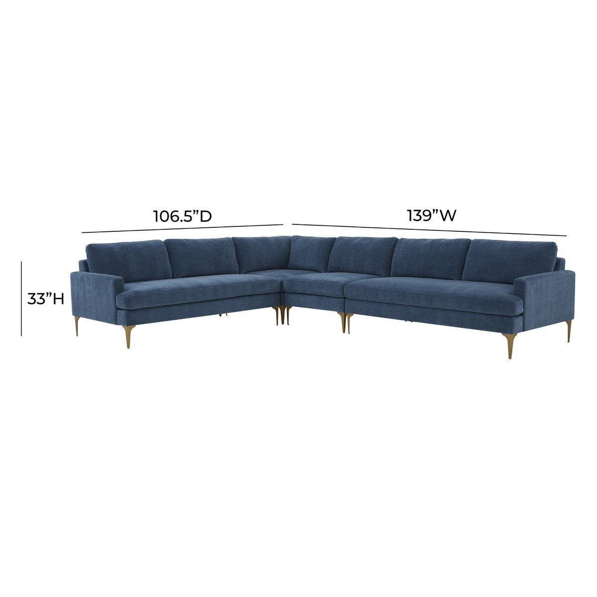 Serena Blue Velvet Large L-Sectional with Brass Legs