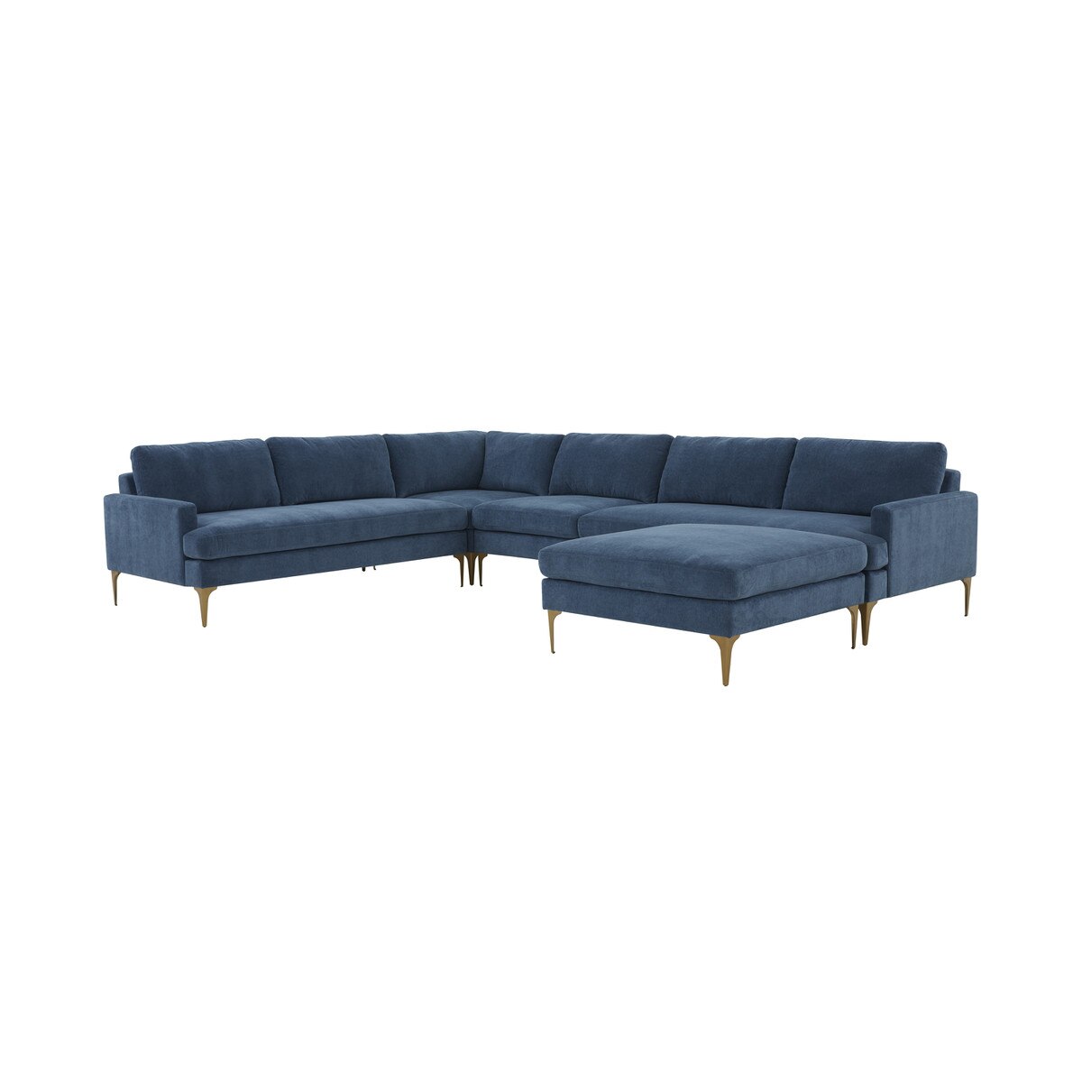 Serena Blue Velvet Large Chaise Sectional with Brass Legs