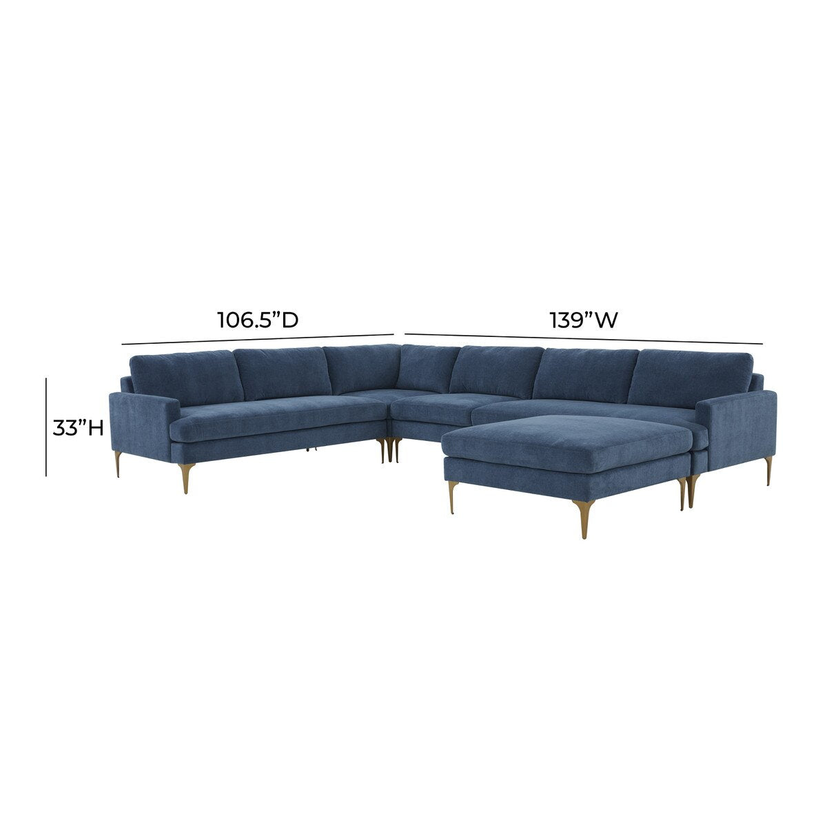 Serena Blue Velvet Large Chaise Sectional with Brass Legs