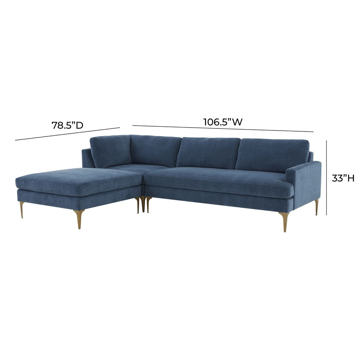 Serena Blue Velvet LAF Chaise Sectional with Brass Legs