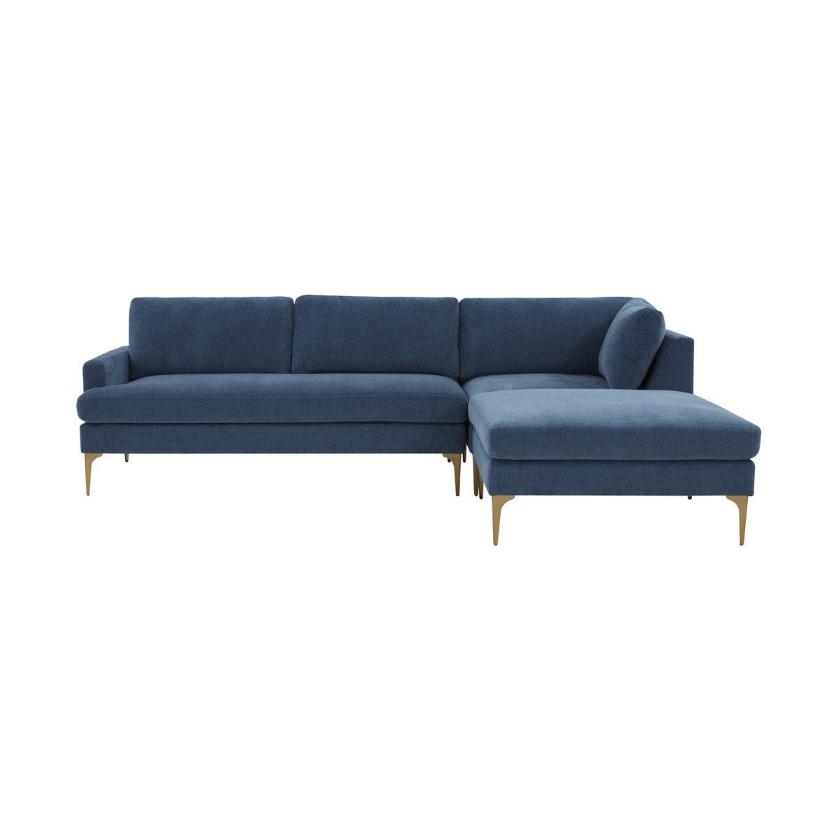 Serena Blue Velvet RAF Chaise Sectional with Brass Legs