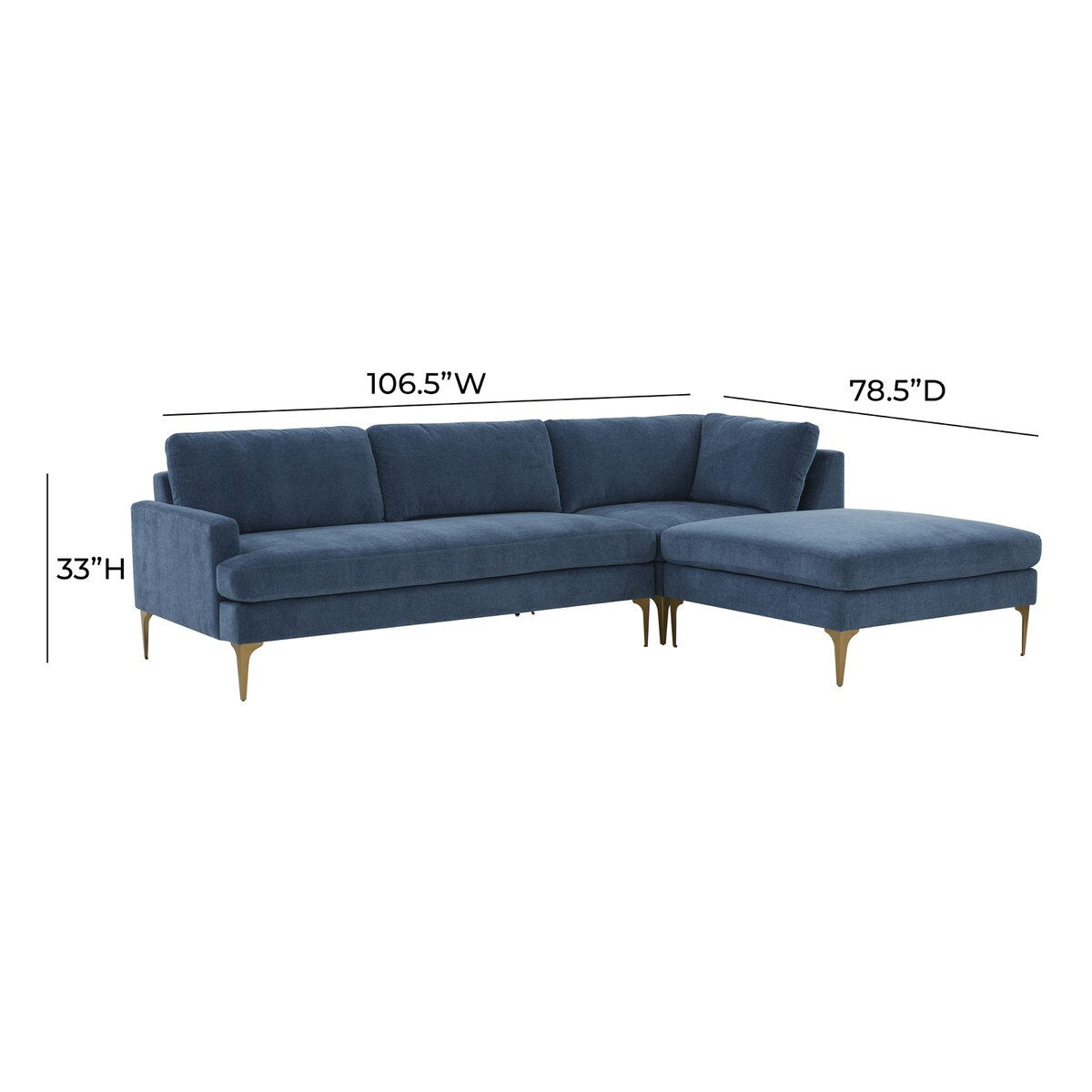 Serena Blue Velvet RAF Chaise Sectional with Brass Legs