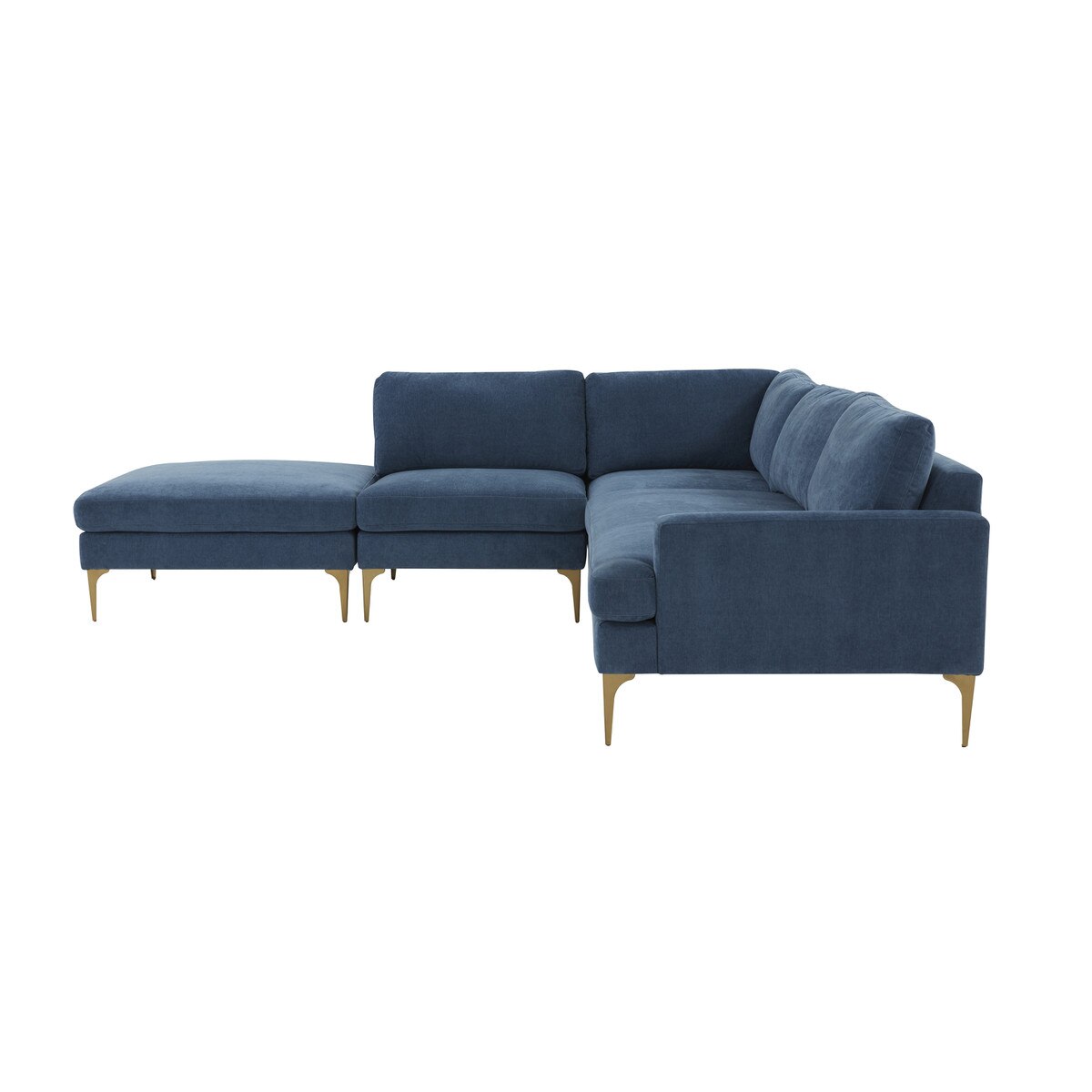 Chaise sectionnelle Serena en velours bleu avec pieds en laiton