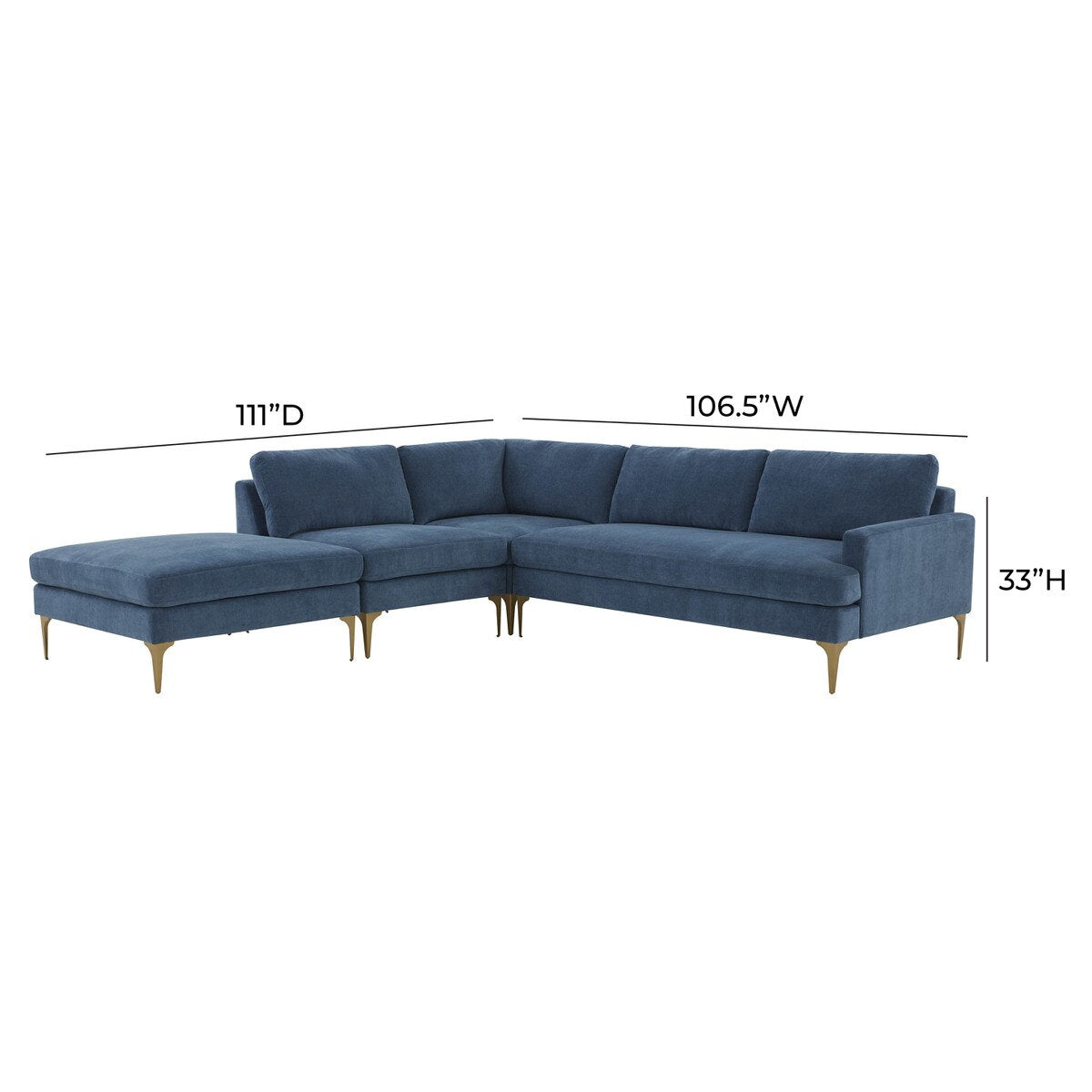 Serena Blue Velvet Large LAF Chaise Sectional with Brass Legs