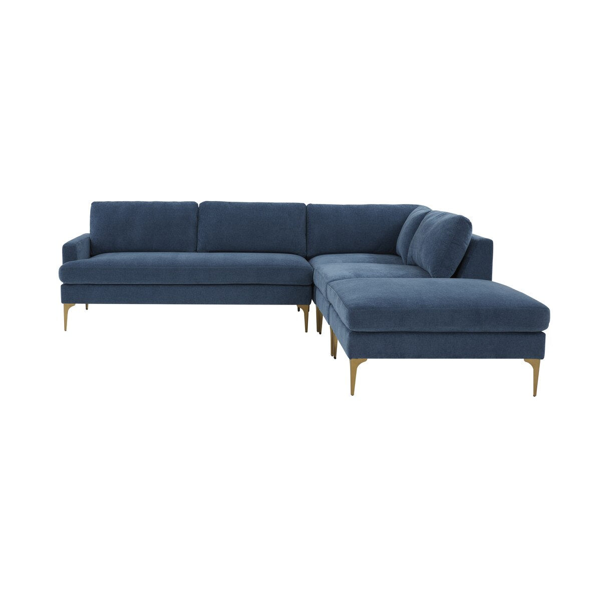 Serena Blue Velvet Large RAF Chaise Sectional with Brass Legs