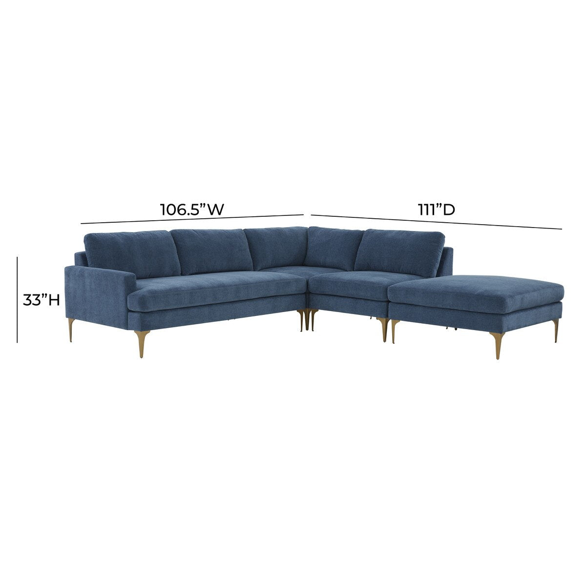 Serena Blue Velvet Large RAF Chaise Sectional with Brass Legs