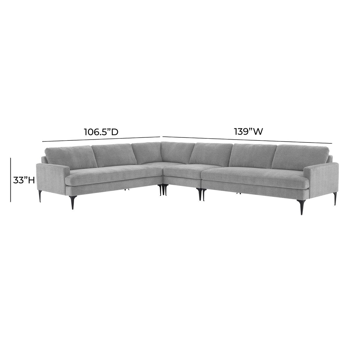 Serena Gray Velvet Large L-Sectional with Black Legs