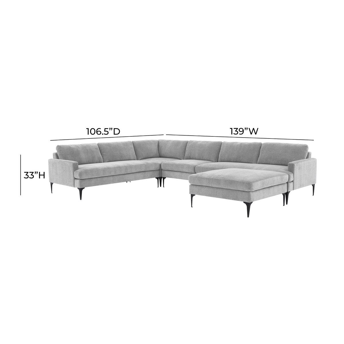 Serena Gray Velvet Large Chaise Sectional with Black Leg