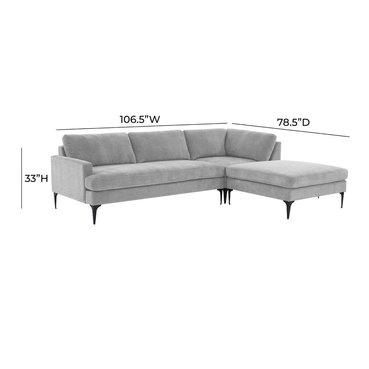 Serena Gray Velvet RAF Chaise Sectional with Black Legs