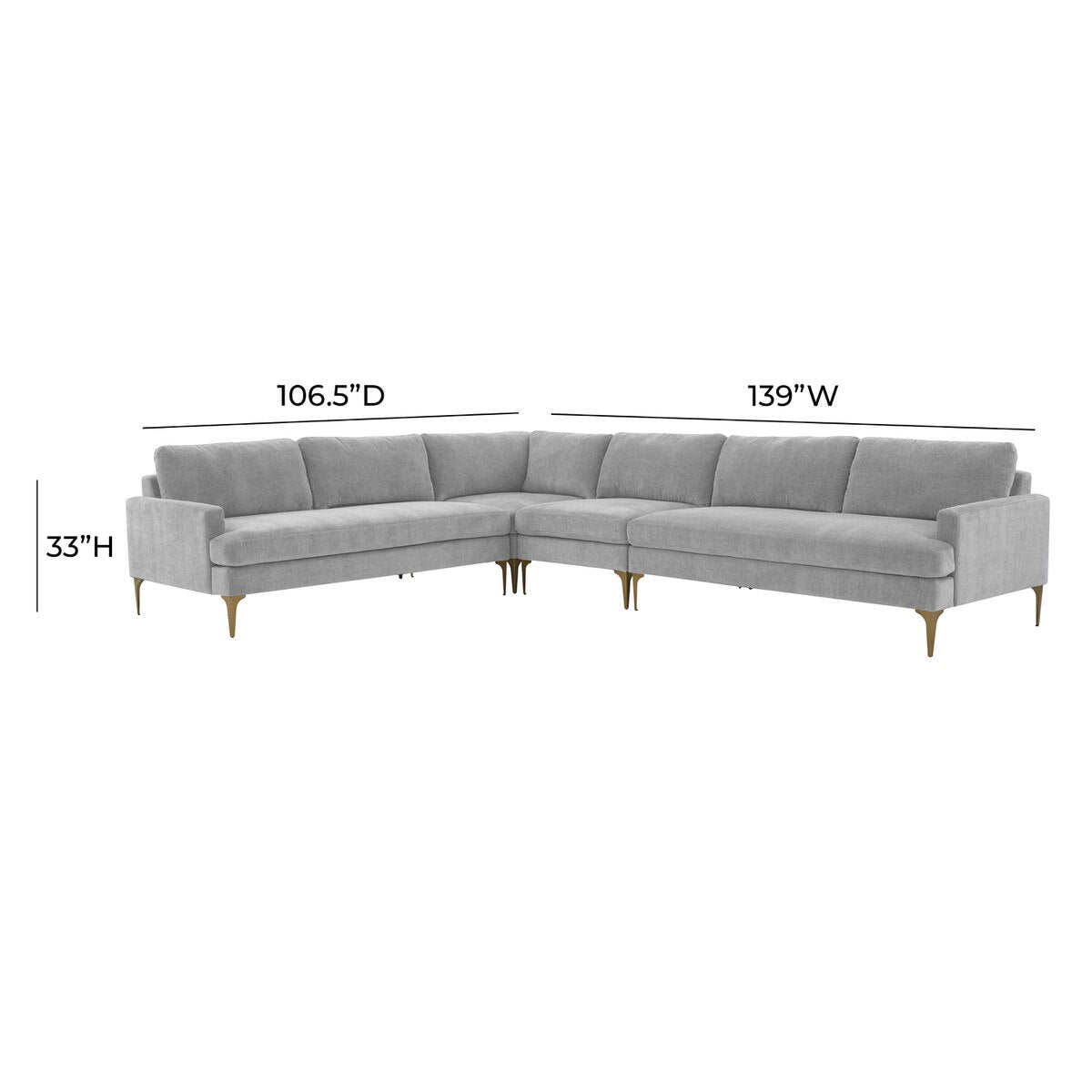 Serena Gray Velvet Large L-Sectional with Brass Legs