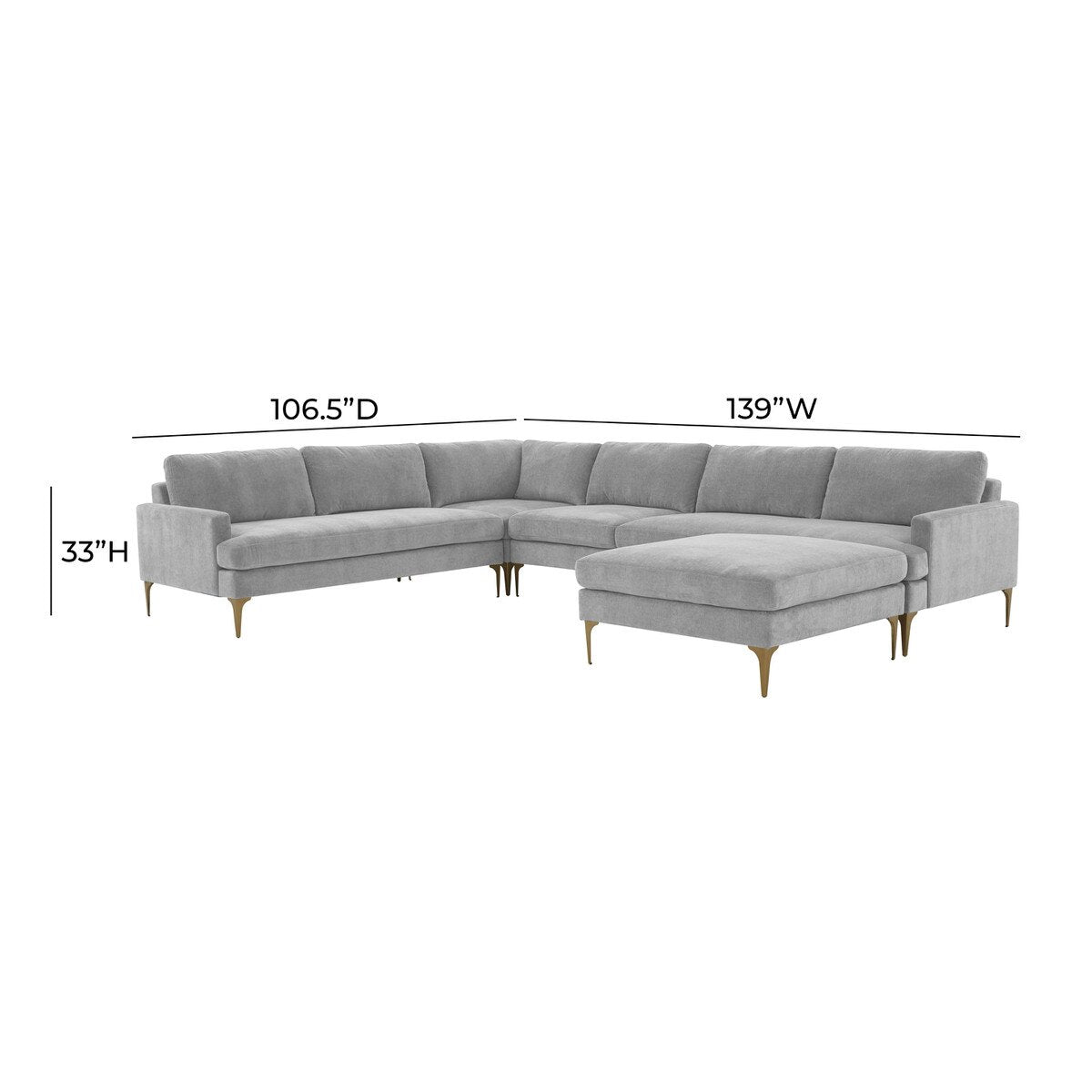 Serena Gray Velvet Large Chaise Sectional with Brass Legs