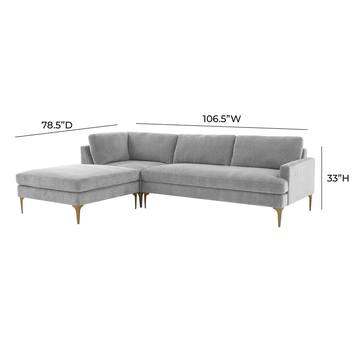 Serena Gray Velvet LAF Chaise Sectional with Brass Legs