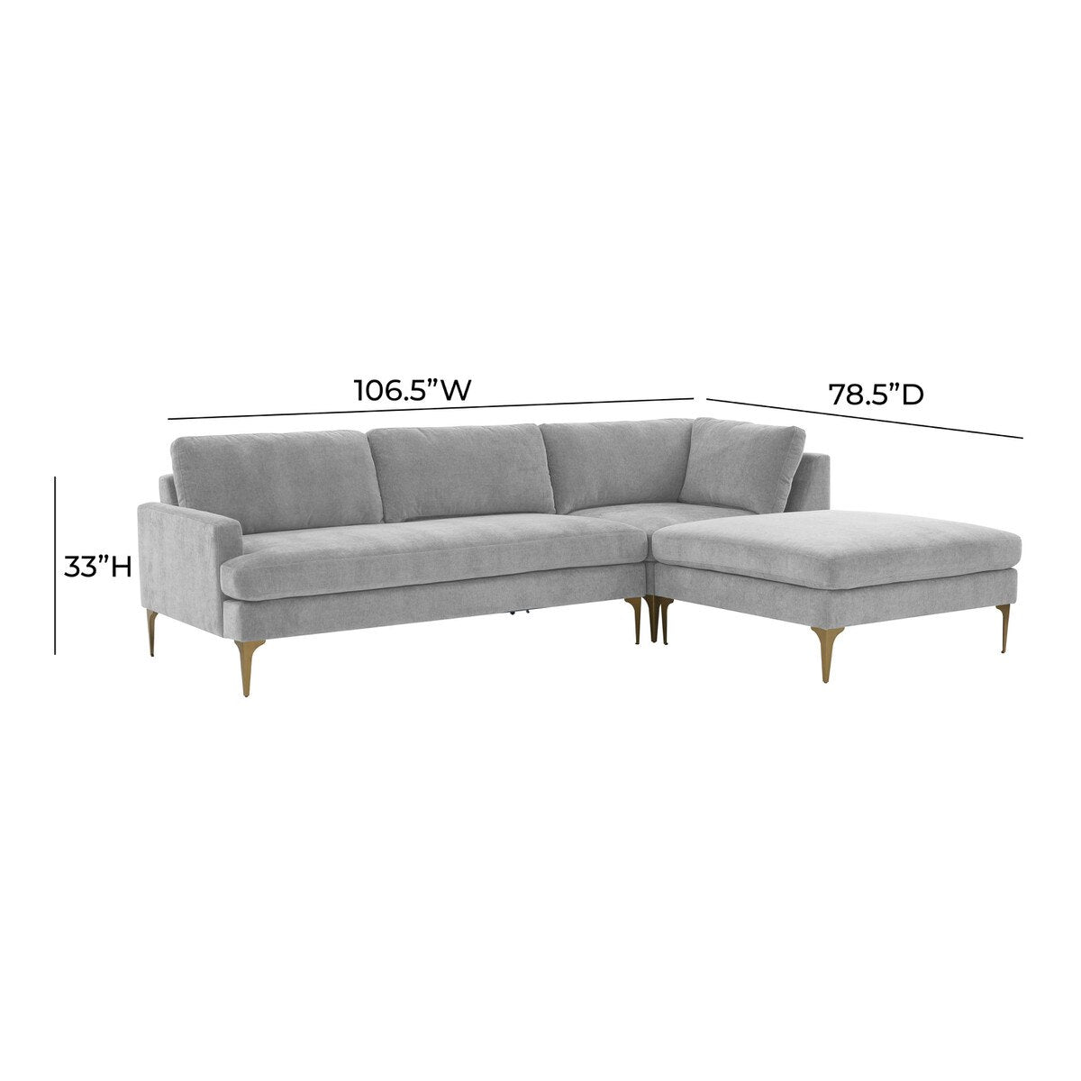 Serena Gray Velvet RAF Chaise Sectional with Brass Legs