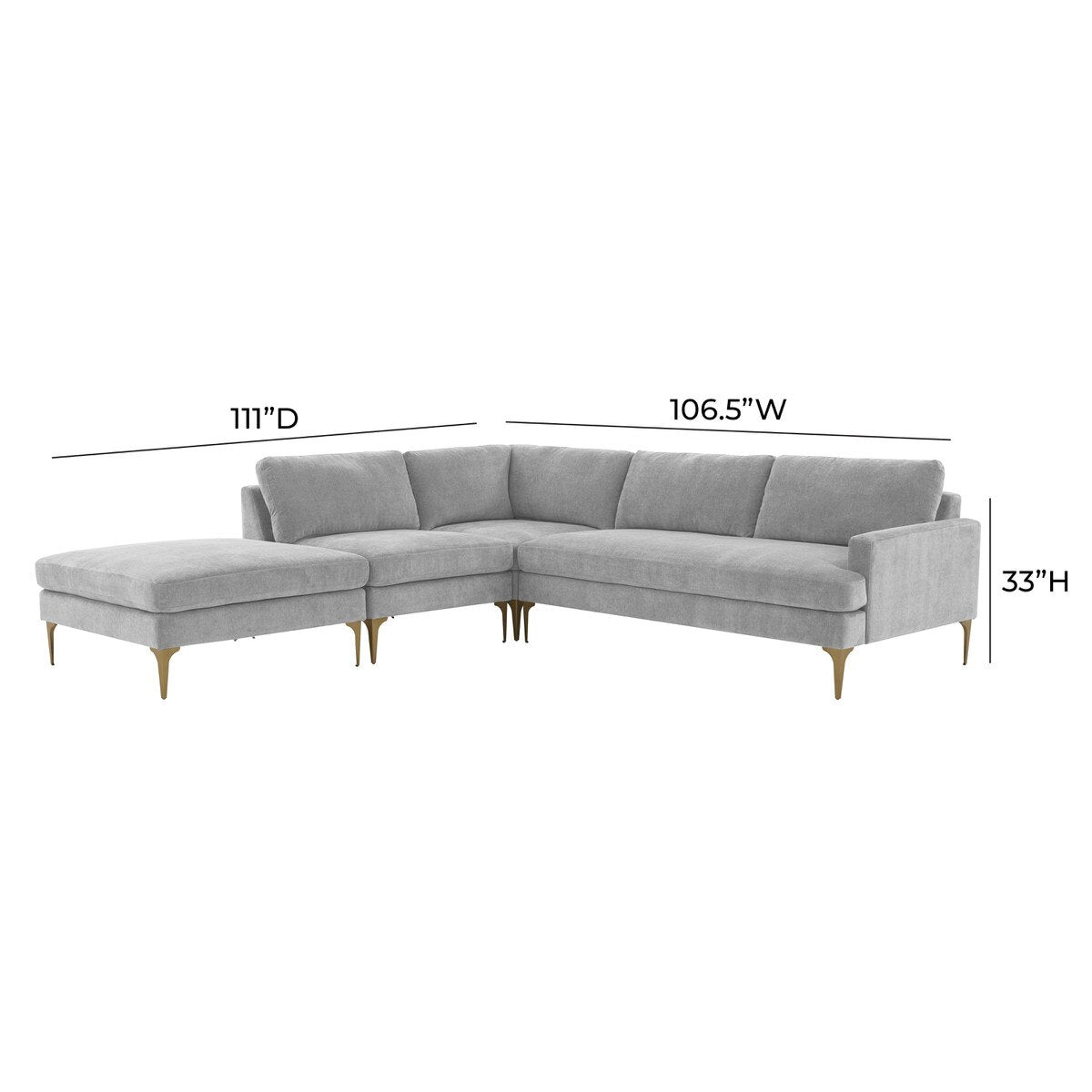 Serena Gray Velvet Large LAF Chaise Sectional with Brass Legs