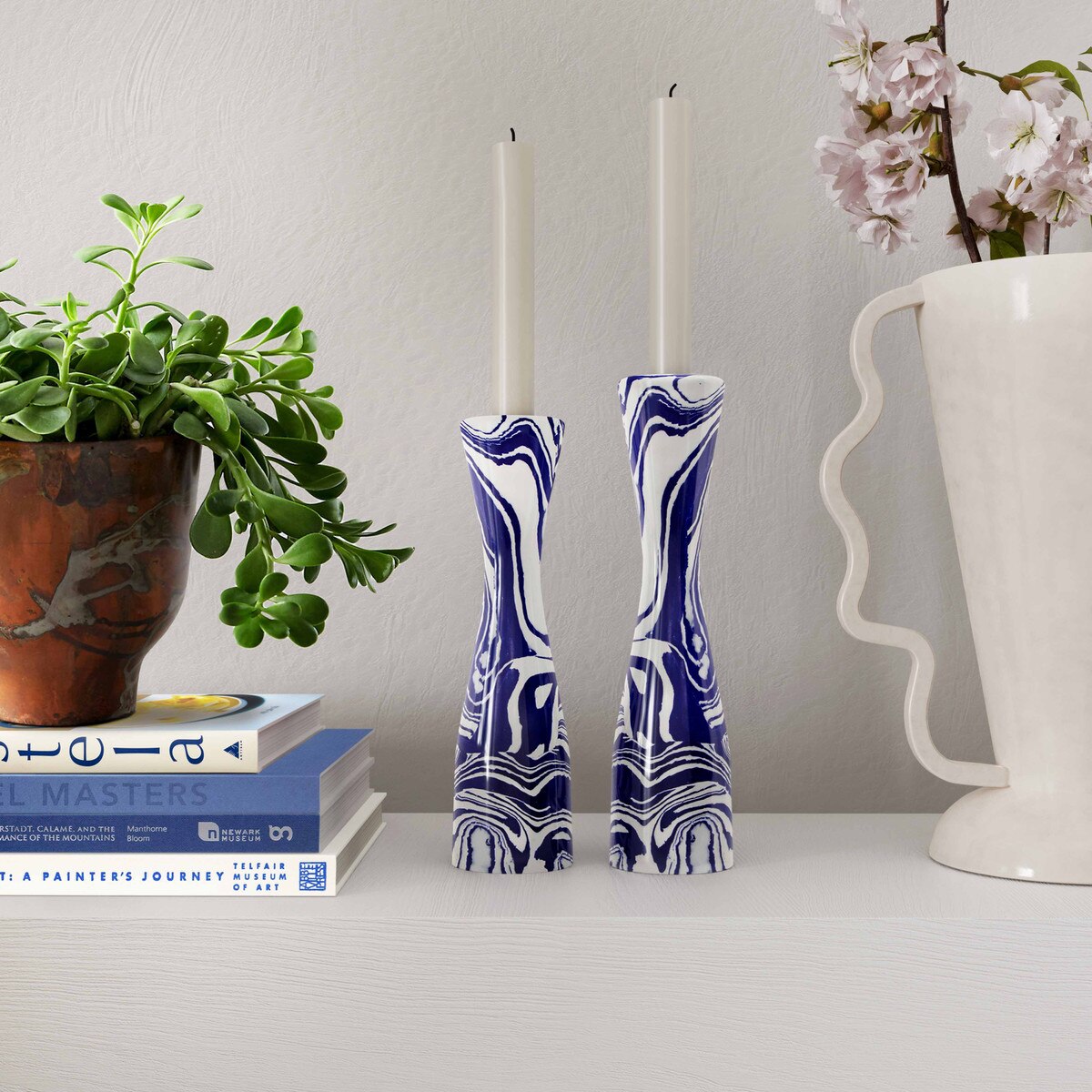 Serene Blue & White Swirl Resin Large Candlestick