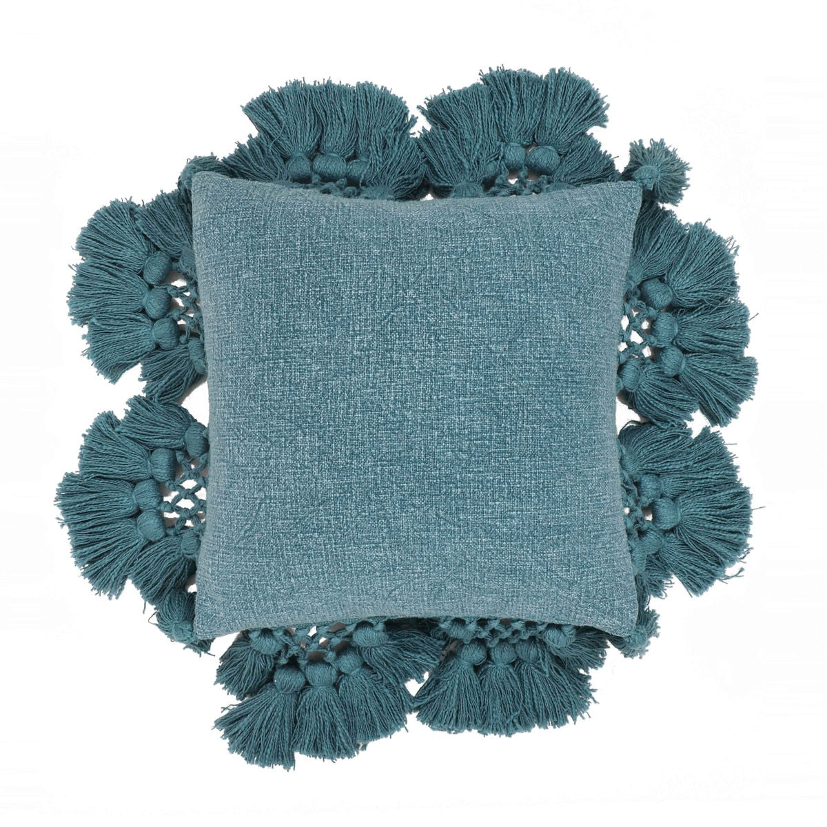 Coussin à pompons en denim délavé