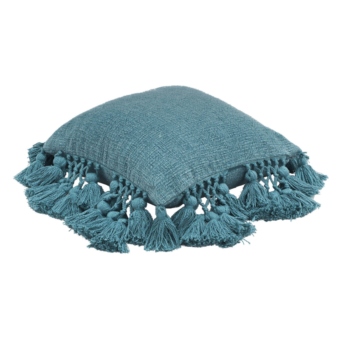 Coussin à pompons en denim délavé