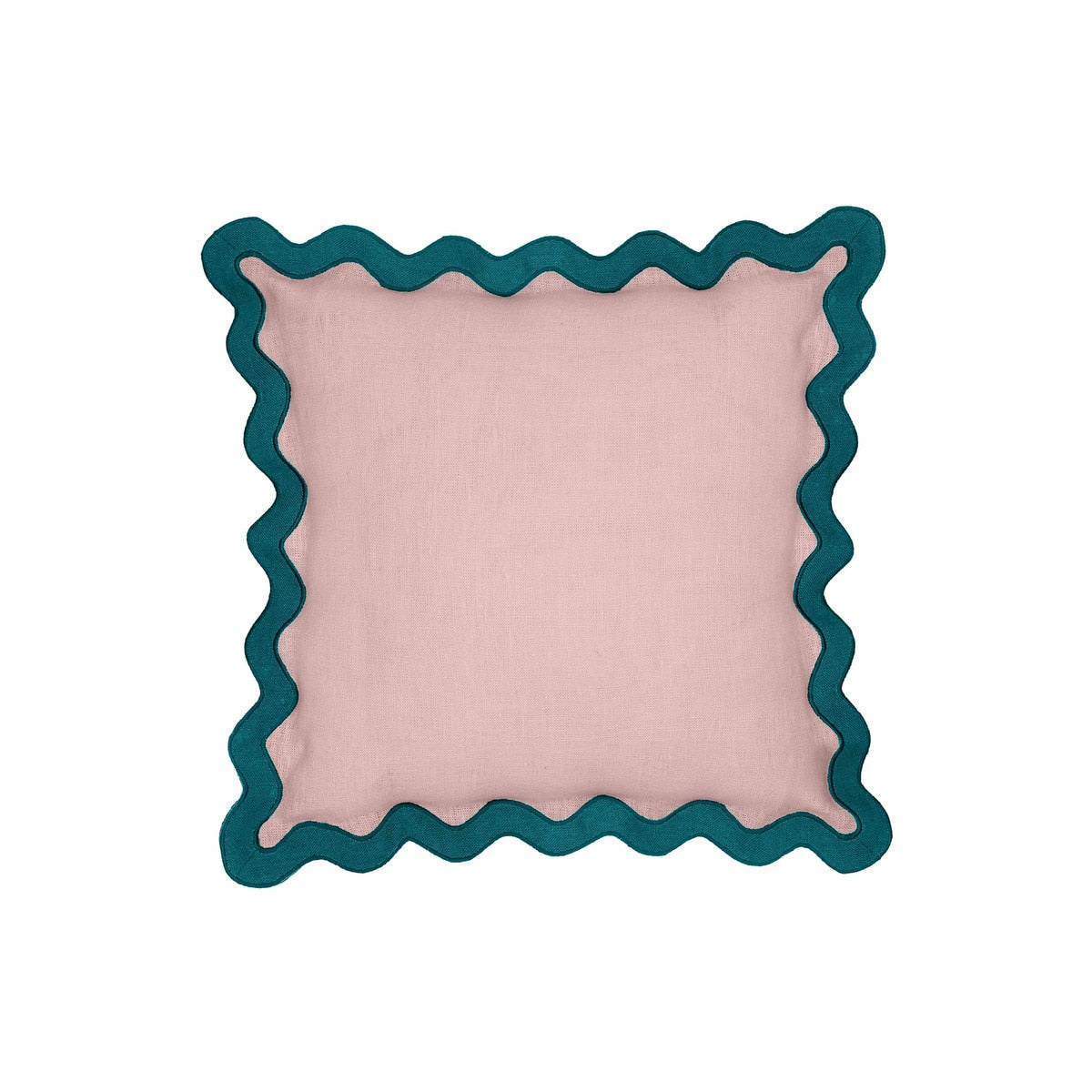 Coussin décoratif en lin bleu et rose à bords festonnés