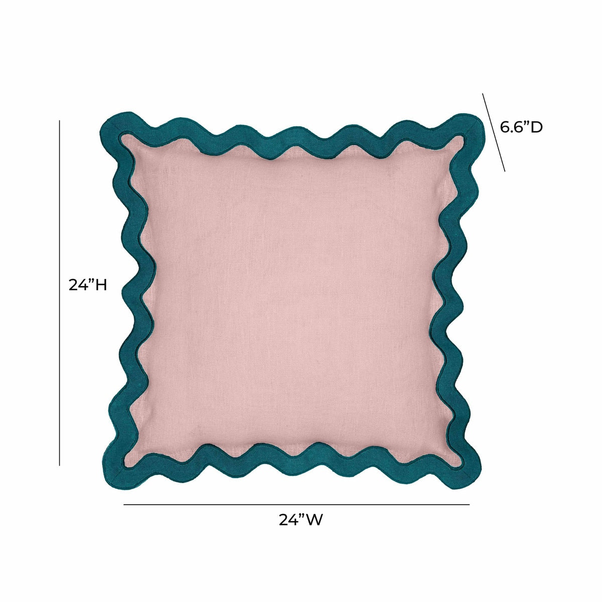 Coussin décoratif en lin bleu et rose à bords festonnés