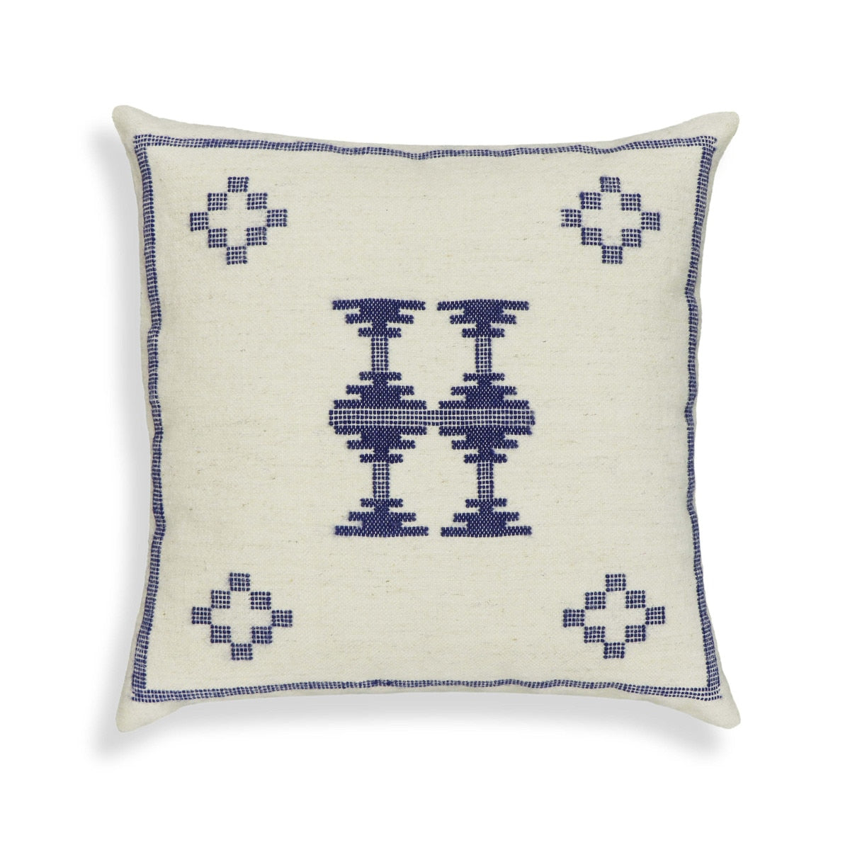 Coussin décoratif carré en laine Aztec crème et indigo de 20 po