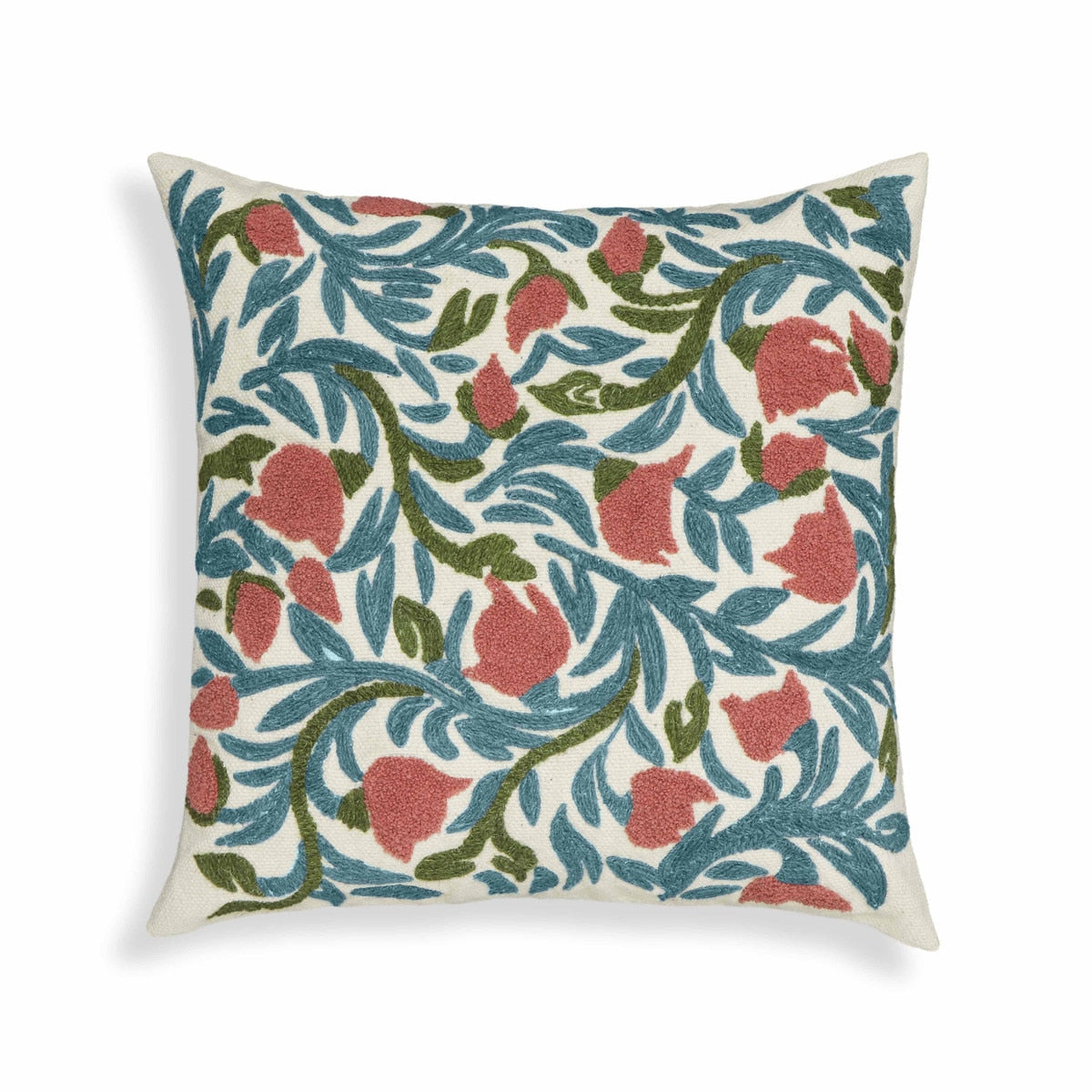 Coussin décoratif carré en laine brodée de tulipes de 20 po