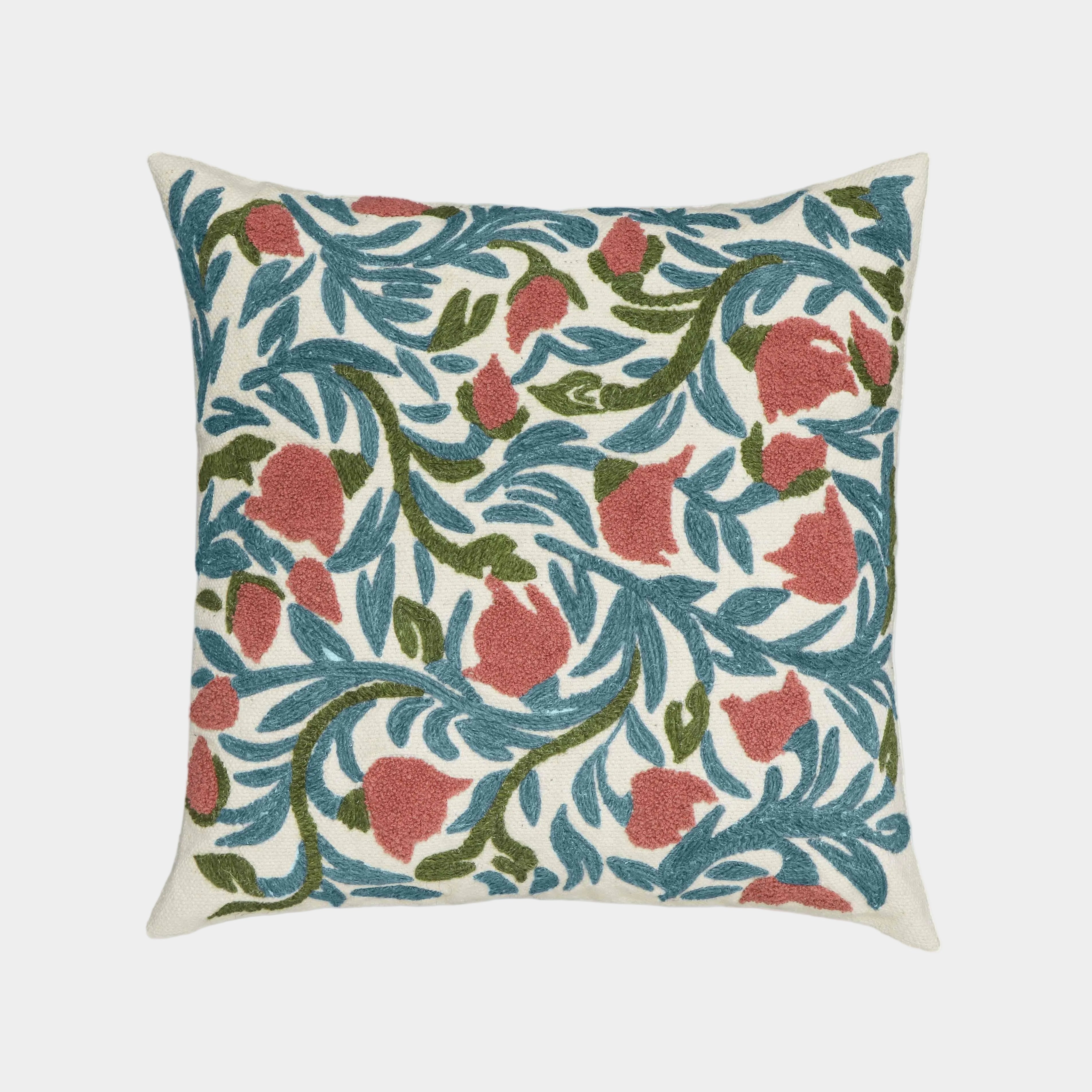 Tulip 20" Embroidered Floral Wool Square Throw Pillow Cover