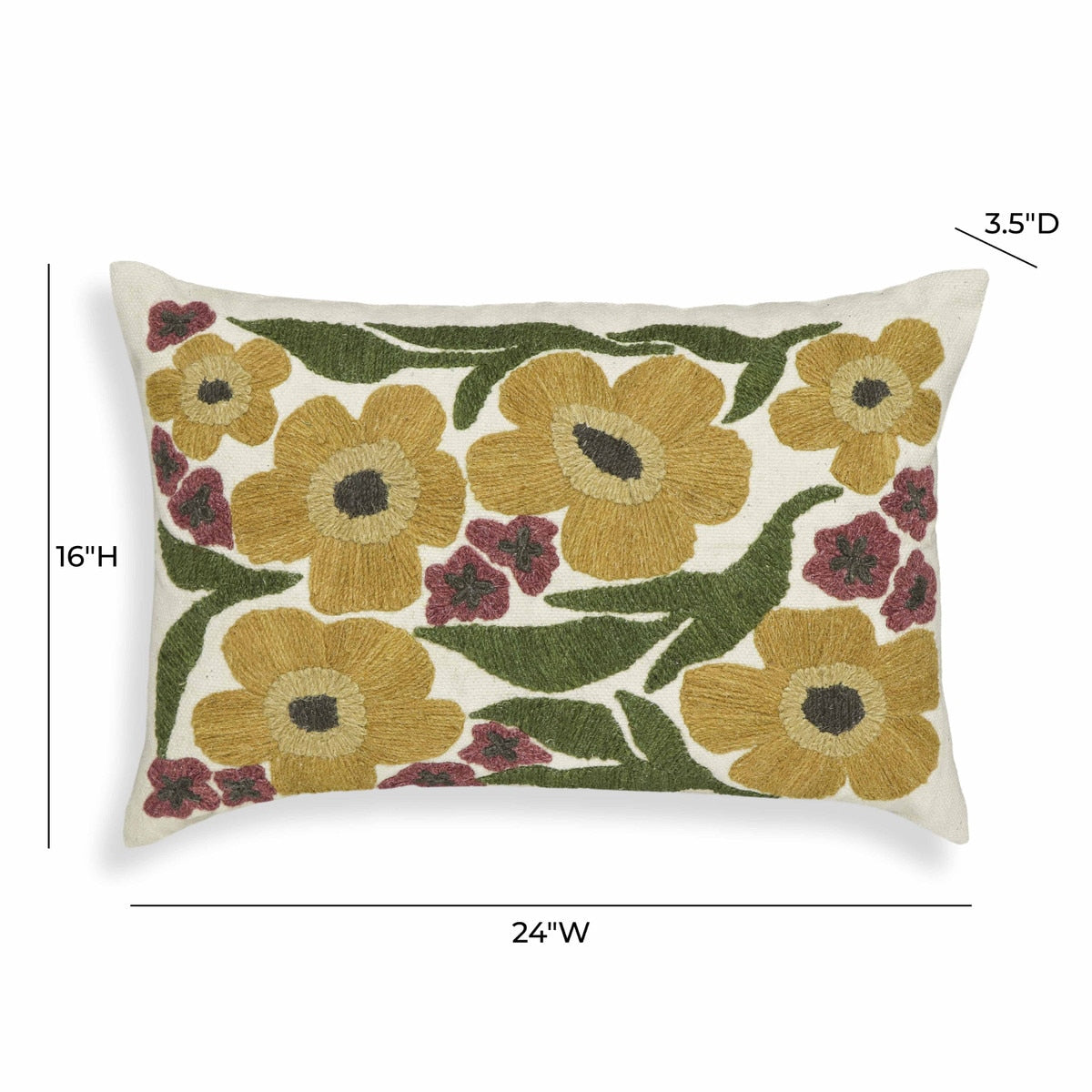 Coussin décoratif en laine avec marguerites brodées en fleurs 24" x 16"