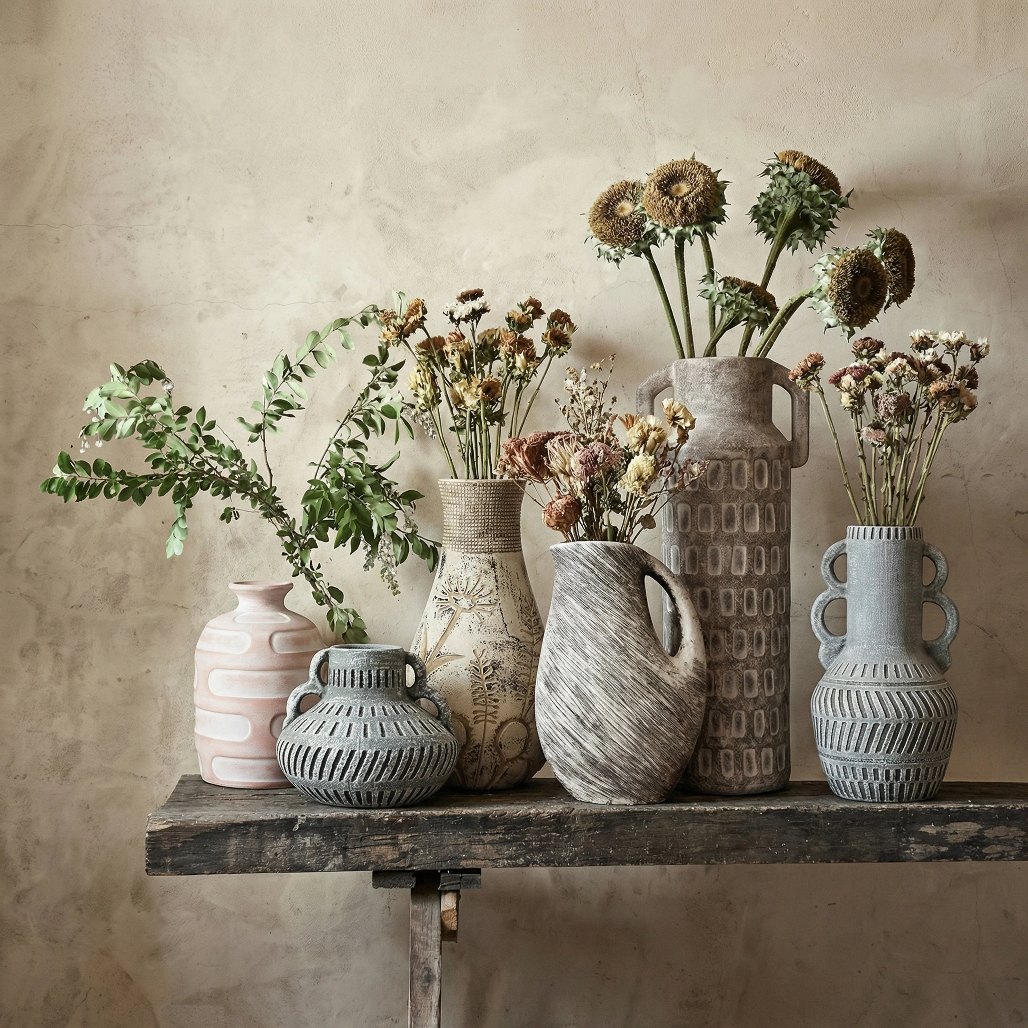 Earthenware Floral Pattern Vase in Grey