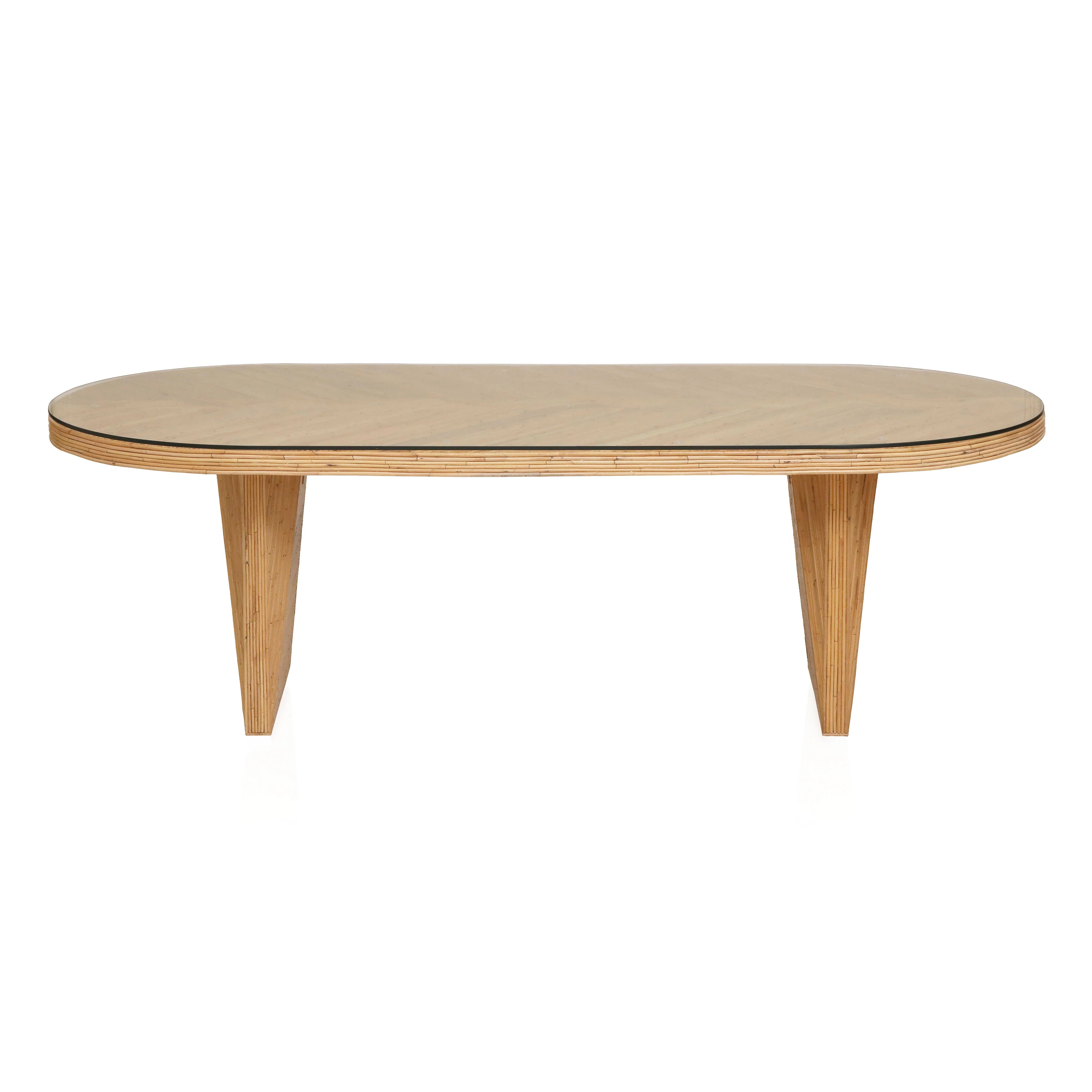 Caren 95" Natural Rattan and Glass Oval Dining Table