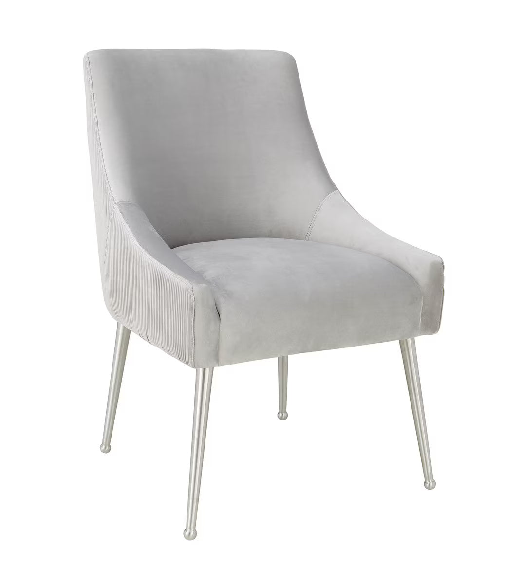 Beatrix Pleated Light Grey Velvet Side Chair - Silver Legs