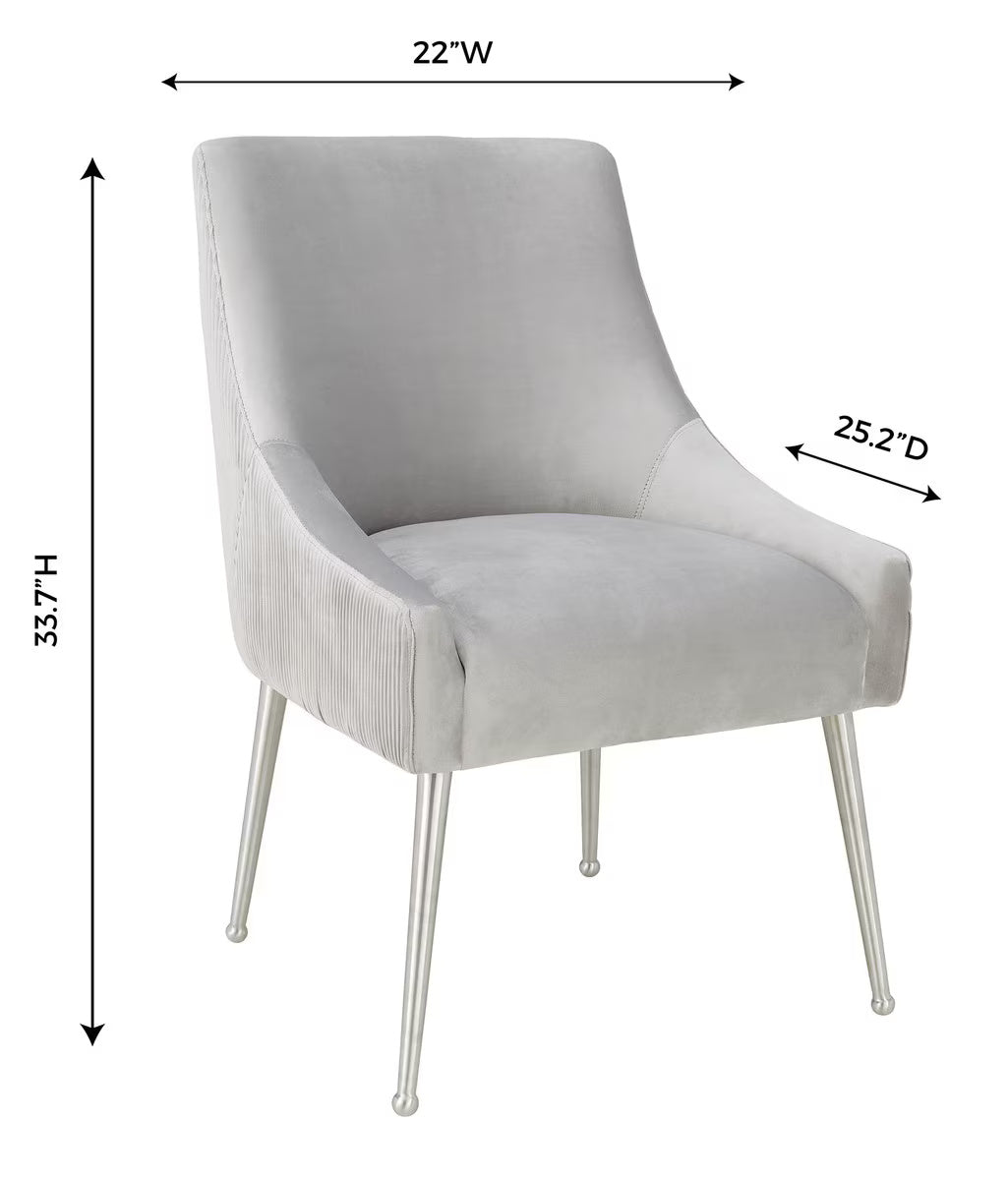 Beatrix Pleated Light Grey Velvet Side Chair - Silver Legs