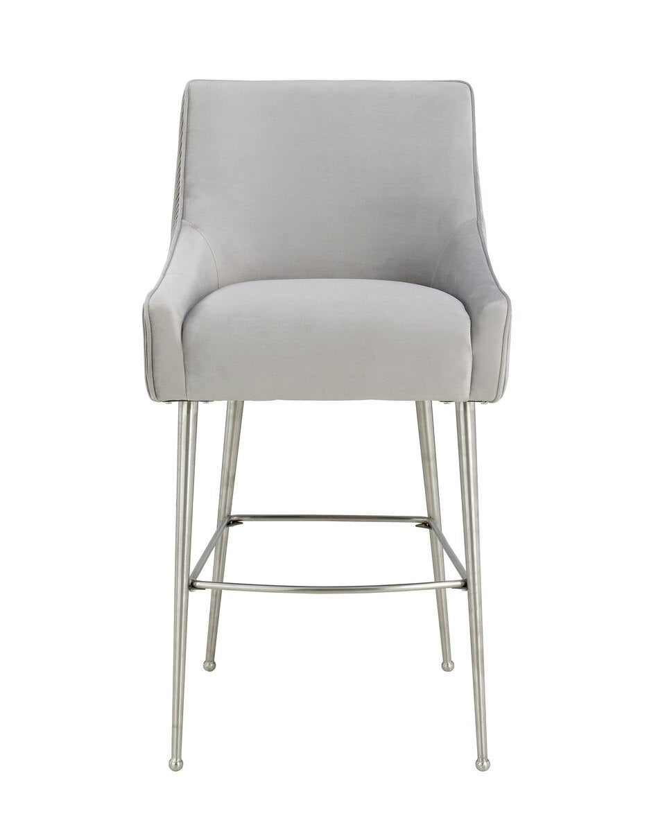 Beatrix Pleated Light Grey Velvet Bar Stool