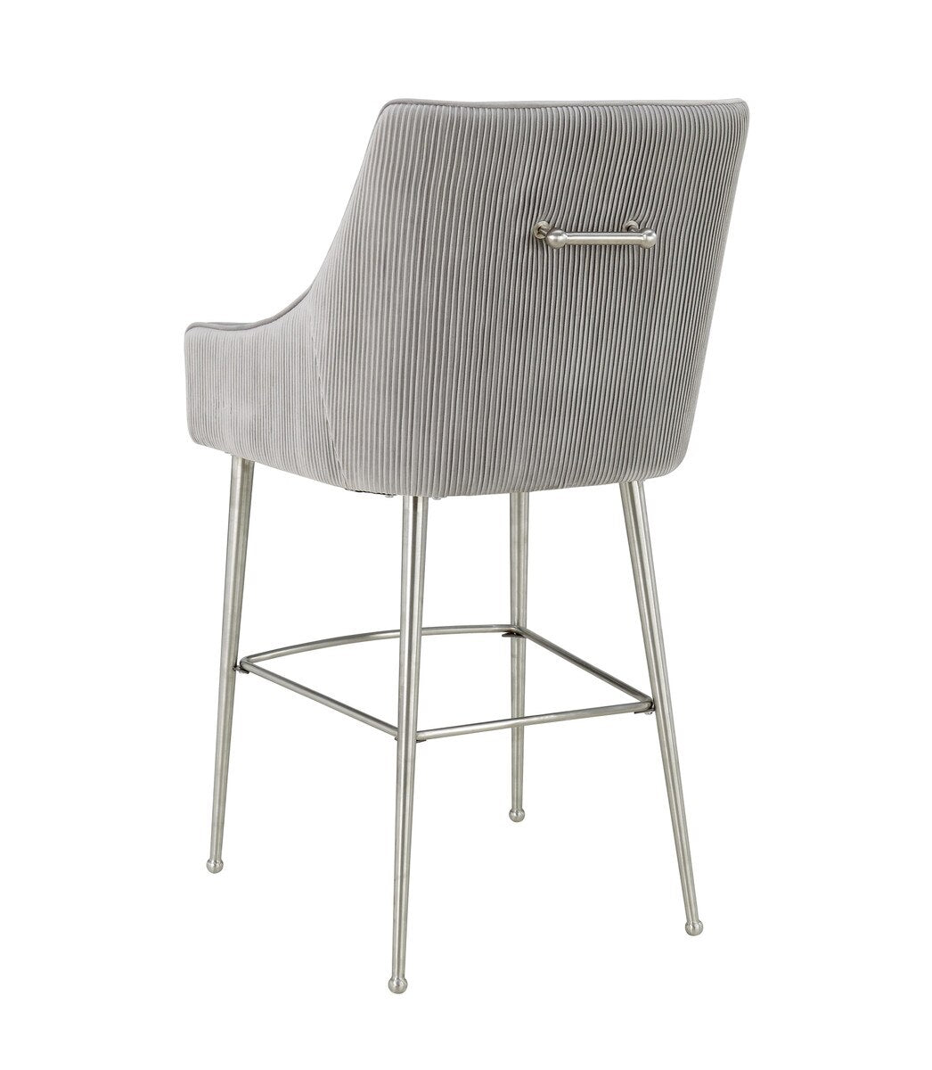 Beatrix Pleated Light Grey Velvet Bar Stool