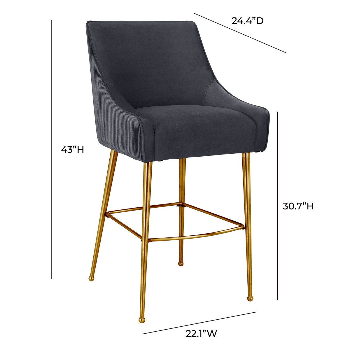 Beatrix Pleated Grey Velvet Bar Stool