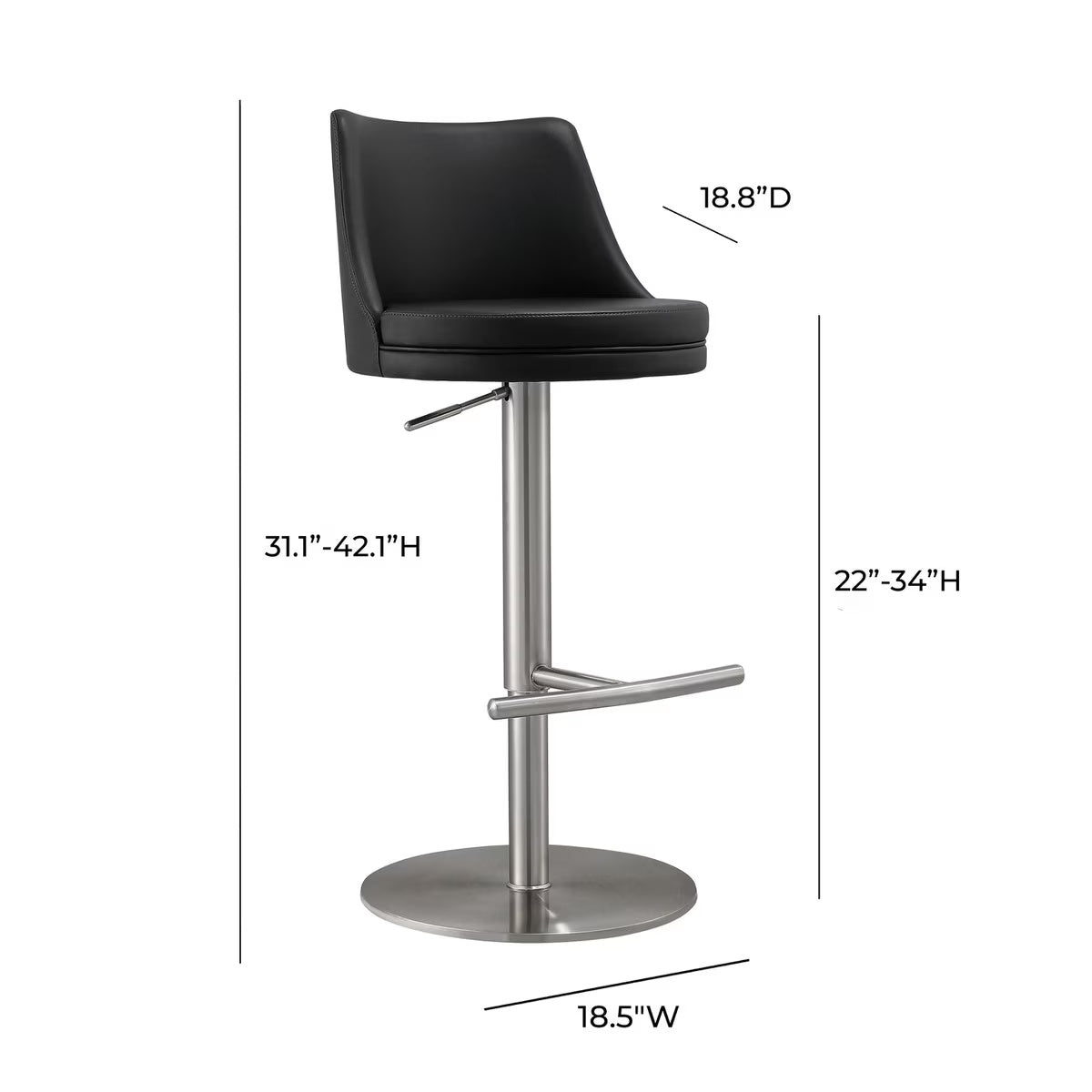 Reagan Black Performance Vegan Leather and Silver Adjustable Stool