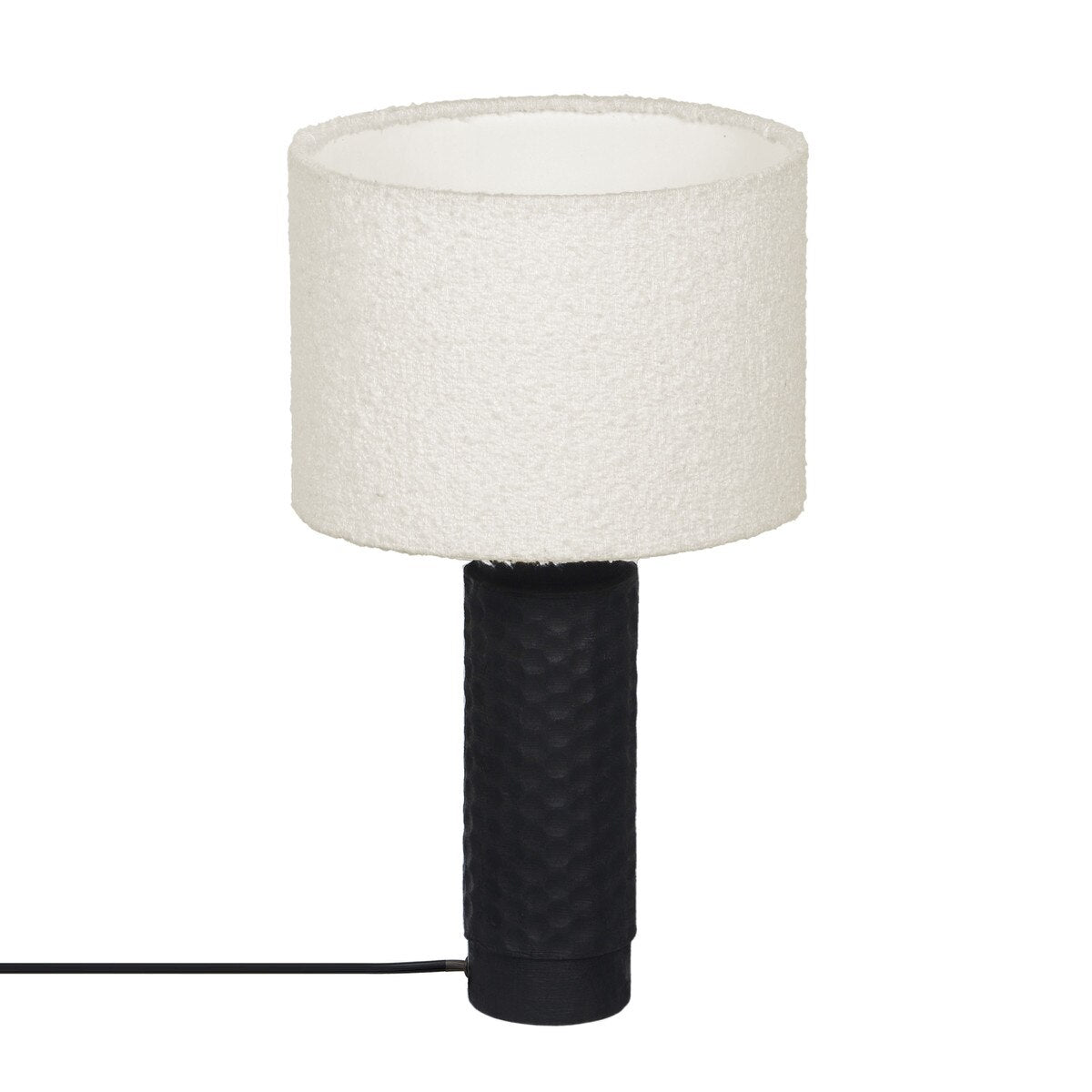 Grava Cream Boucle & Black Hand-Carved Wood Table Lamp