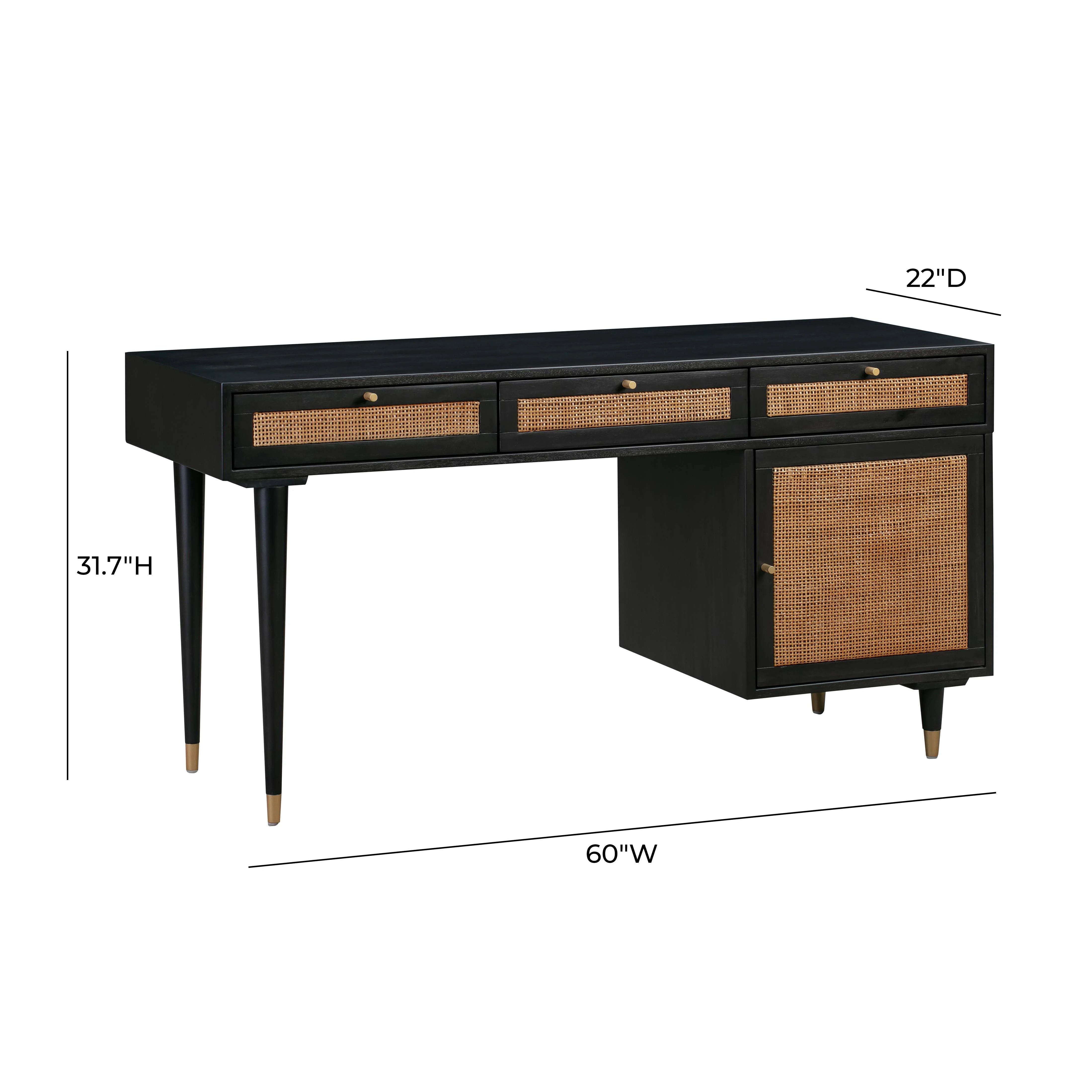 Sierra 60" Cane 3-Drawer Desk With Storage