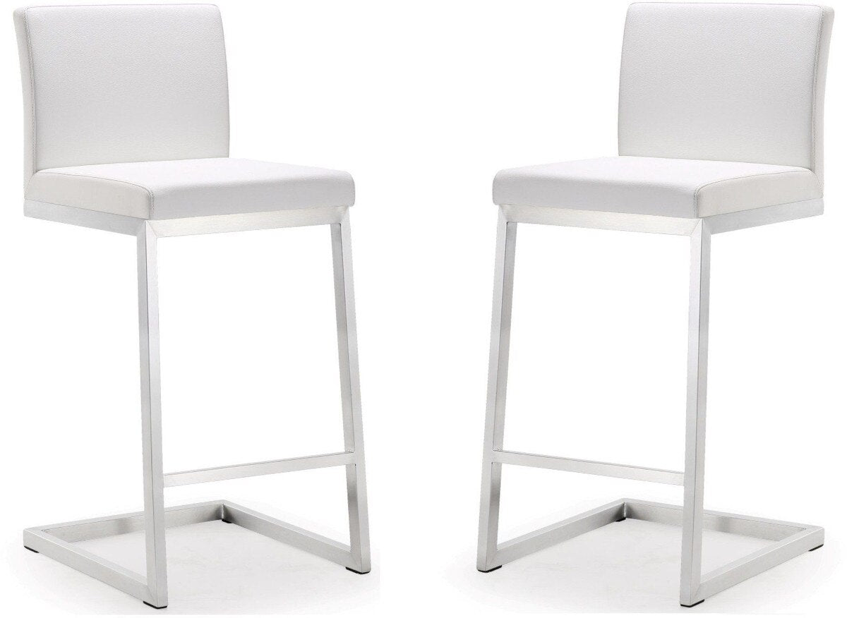 Parma White Performance Vegan Leather and Stainless Steel Counter Stool - Set of 2