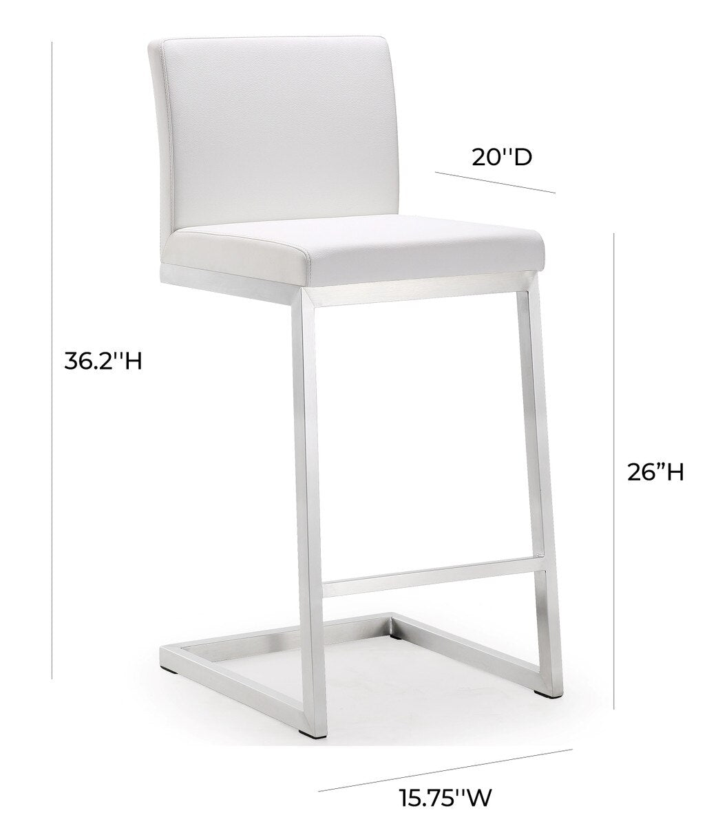 Parma White Performance Vegan Leather and Stainless Steel Counter Stool - Set of 2