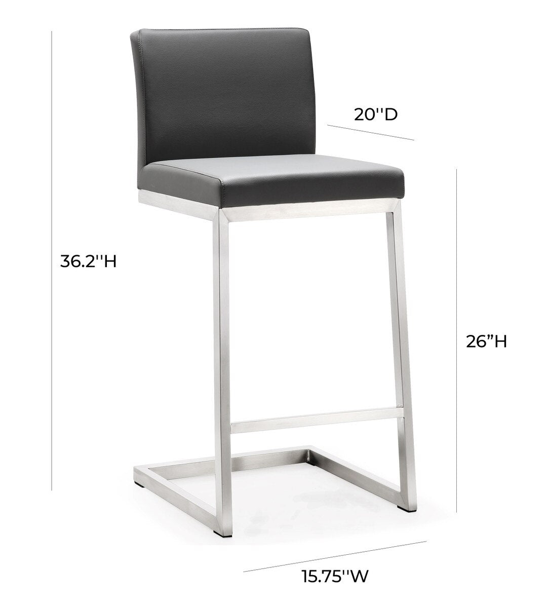 Parma Grey Performance Vegan Leather and Stainless Steel Counter Stool - Set of 2