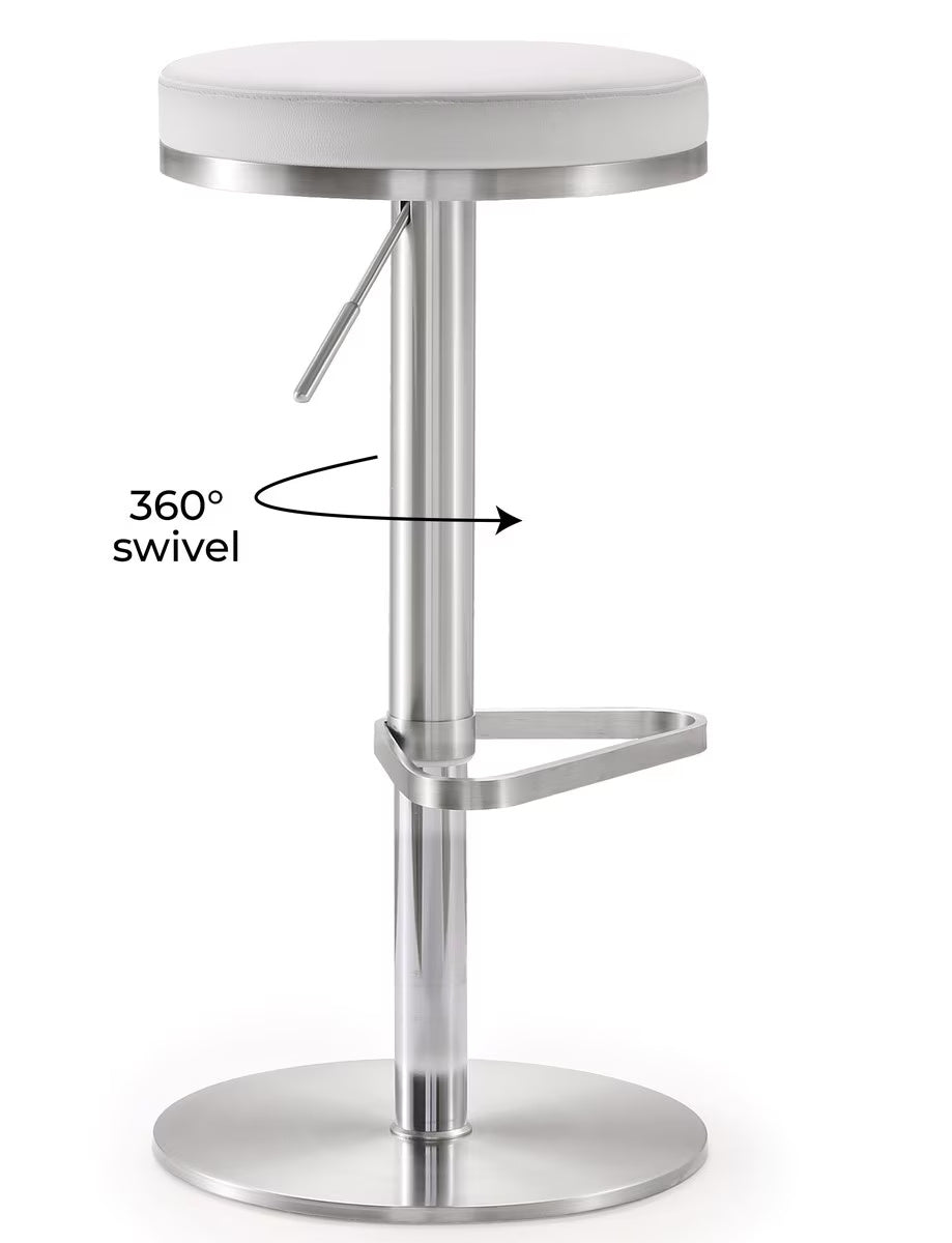 Fano White Performance Vegan Leather and Stainless Steel Adjustable Barstool