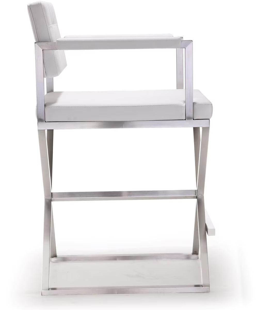 Director White Performance Vegan Leather and Stainless Steel Counter Stool