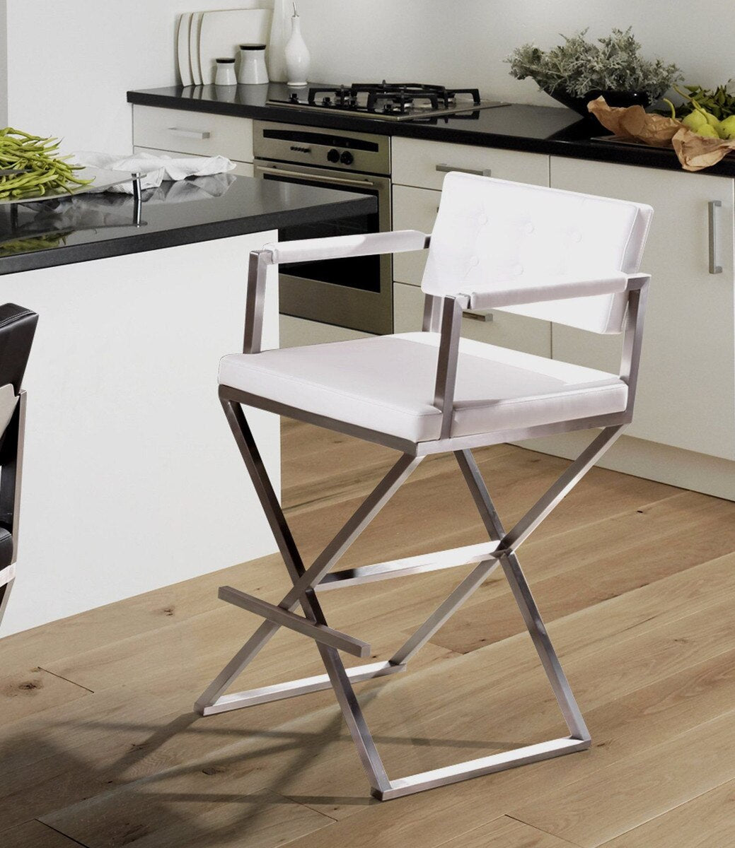 Director White Performance Vegan Leather and Stainless Steel Barstool