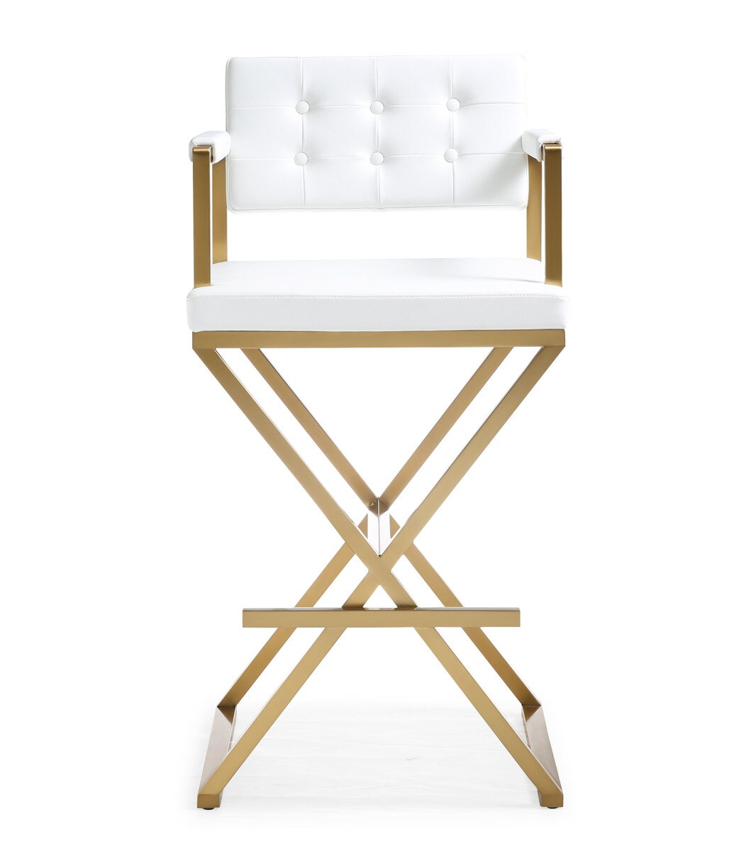 Director White Performance Vegan Leather and Gold Steel Barstool