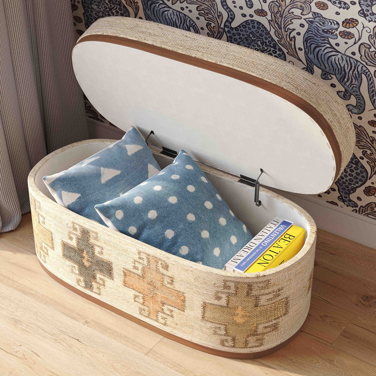 Pouf de rangement ovale en coton Olivier 